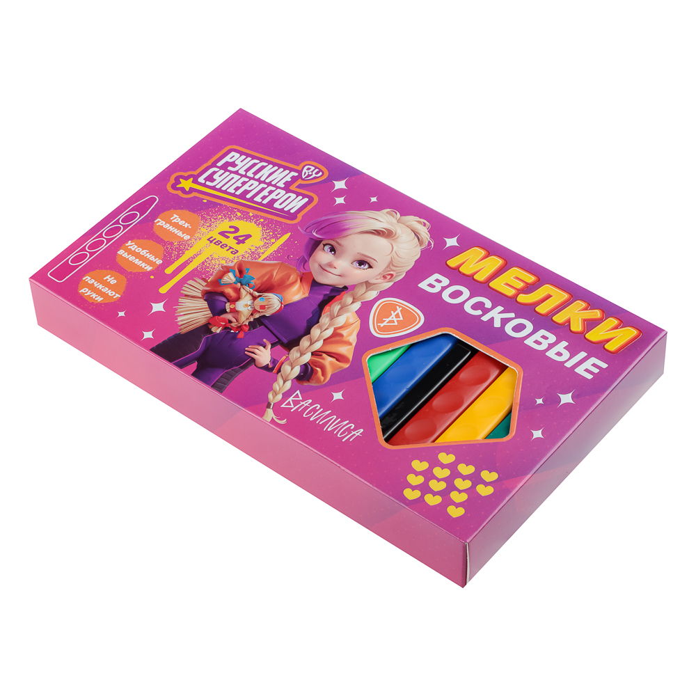 BY Русские Супергерои Мелки восковые пласт., 24 цвета, эрг.3-гранная форма, 10см, "Василиса", арт.№ 801-002