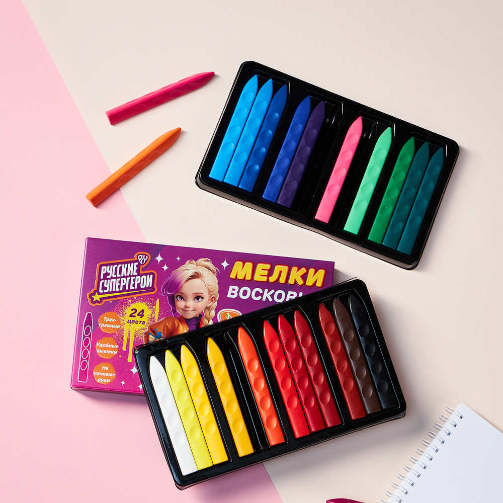 BY Русские Супергерои Мелки восковые пласт., 24 цвета, эрг.3-гранная форма, 10см, "Василиса", арт.№ 801-002