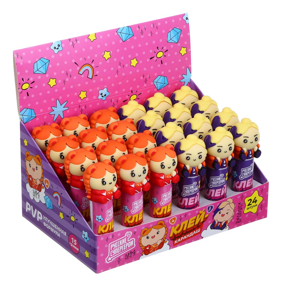 BY Русские Супергерои клей-карандаш с фигурным колпачком, 15 г, PVP, "Девочки", 2 дизайна, арт.№ 801-005