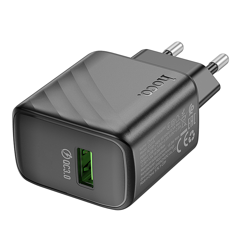 Сетевое зарядное устройство hoco. модель CS21A, QC3.0, 1xUSB-A, EU вилка, белый, арт.№ 916-343