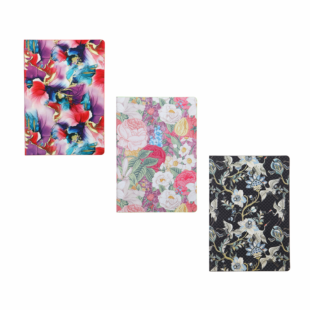 Бизнес - блокнот "ЦВЕТЫ" А5, 192 стр., гибкая обл., иск.кожа с печатью, цветной срез, 3 дизайна, арт.№ 572-208