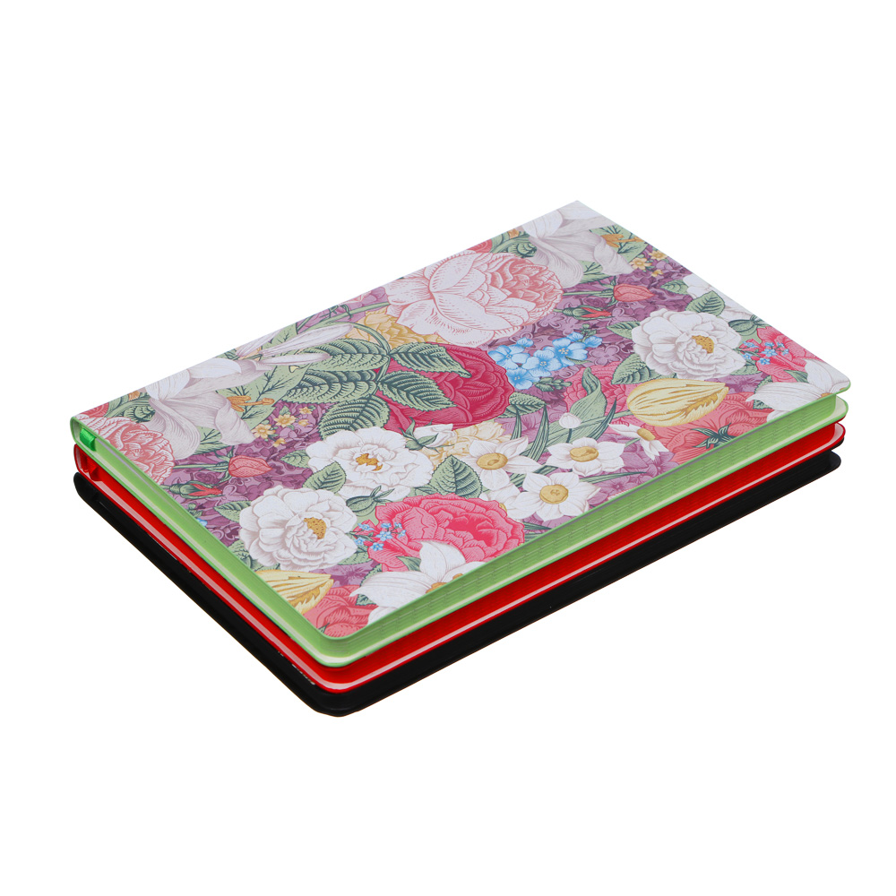 Бизнес - блокнот "ЦВЕТЫ" А5, 192 стр., гибкая обл., иск.кожа с печатью, цветной срез, 3 дизайна, арт.№ 572-208