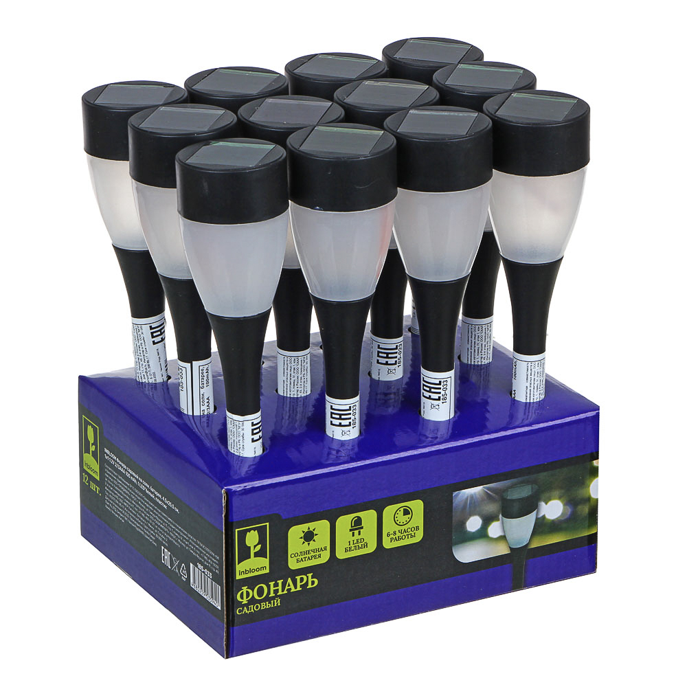 INBLOOM Фонарь садовый на солн. батарее, 4.5х25.5см, 1х1 1.2V 2/3ААА 100mAh, 1LED*белый, пластик, арт.№ 185-033
