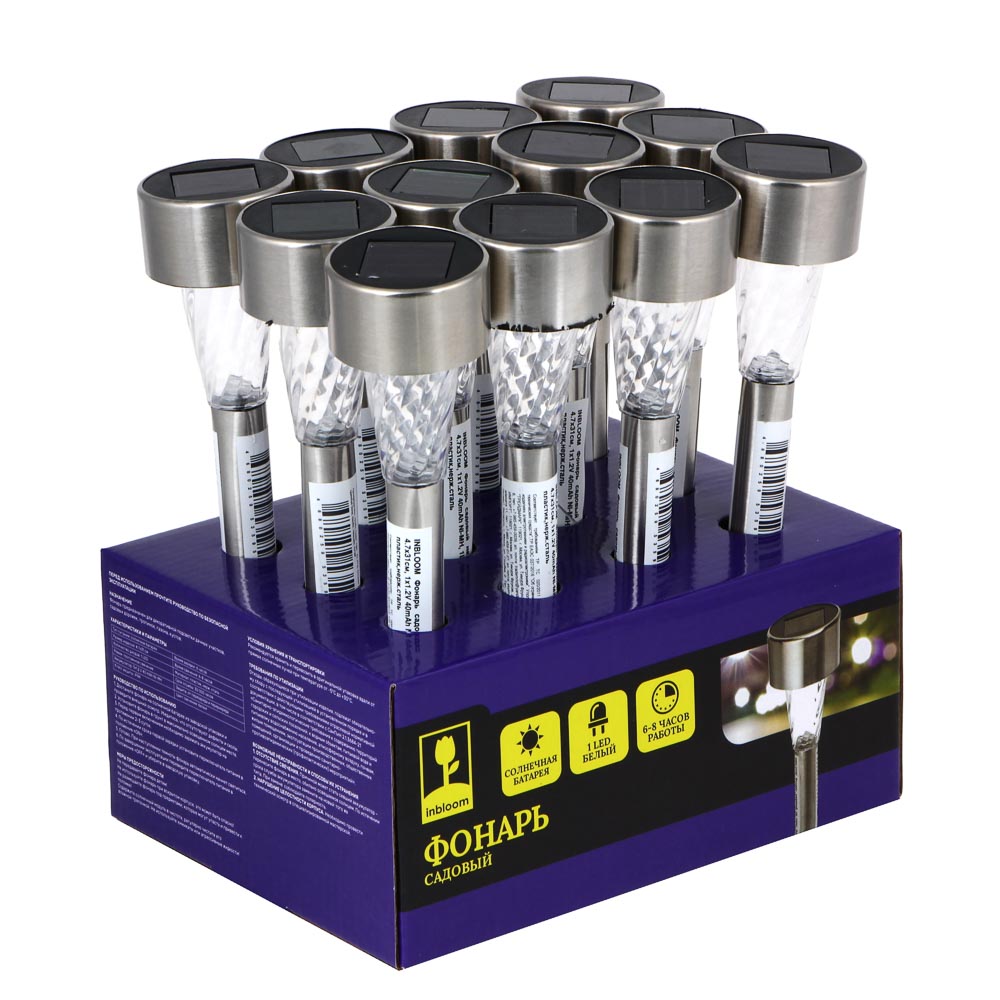 INBLOOM Фонарь садовый на солн. батарее 4.7х31см, 1x1.2V 40mAh NI-MH, 1LED*белый, пластик,нерж.сталь, арт.№ 185-034
