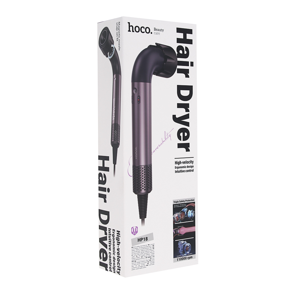 Фен высокоскоростной модель HP18, тм hoco.,1450Вт, BLDC мотор, шнур 1,5м, 1 насадка, фиолетовый, арт.№ 259-502