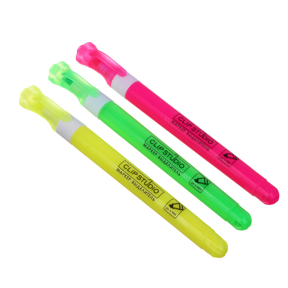Набор маркеров-выделителей ClipStudio 3 цвета, круглый корпус, скош. наконечник, ПВХ пенал, арт.№ 613-124