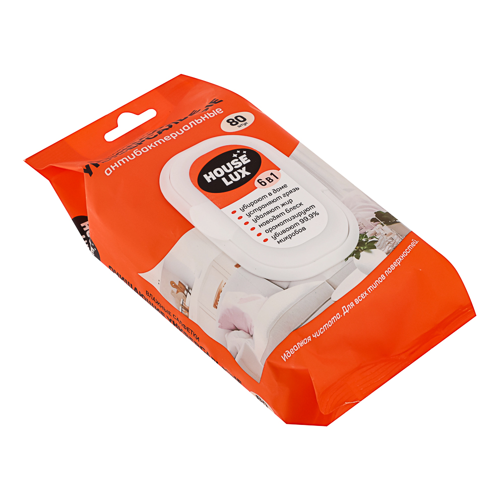 House Lux Салфетки влажные универсальные антибактериальные для уборки 6 в 1, 80 шт., арт.№ 448-247