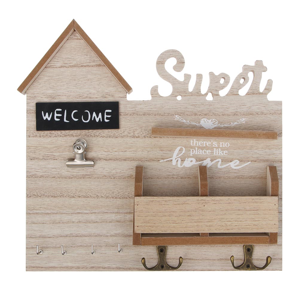 Ключница открытого типа, с полками, 8 крючков, 28x26см, МДФ, металл, арт.№ 510-237