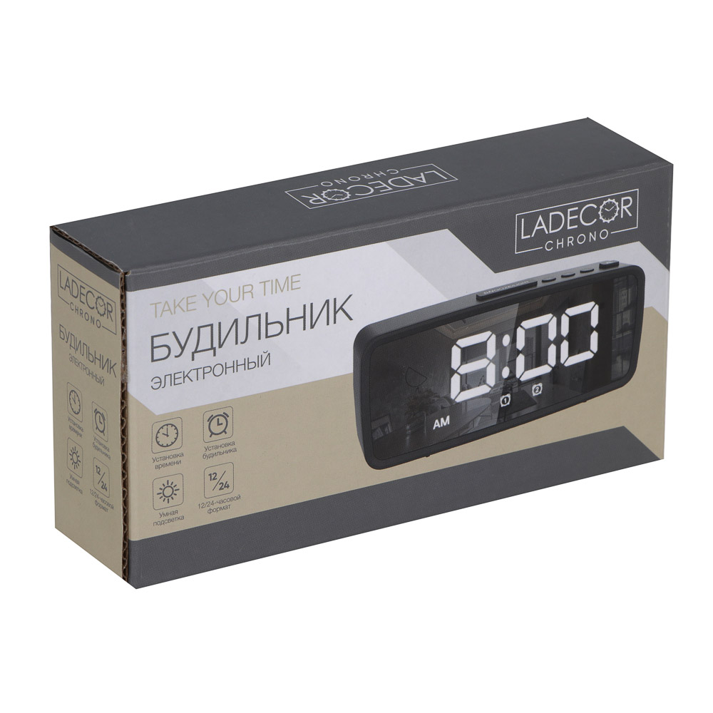 LADECOR CHRONO Будильник электронный, 14x5,7 см, USB/3xAAA, пластик, цвет черный, арт.2, арт.№ 529-011