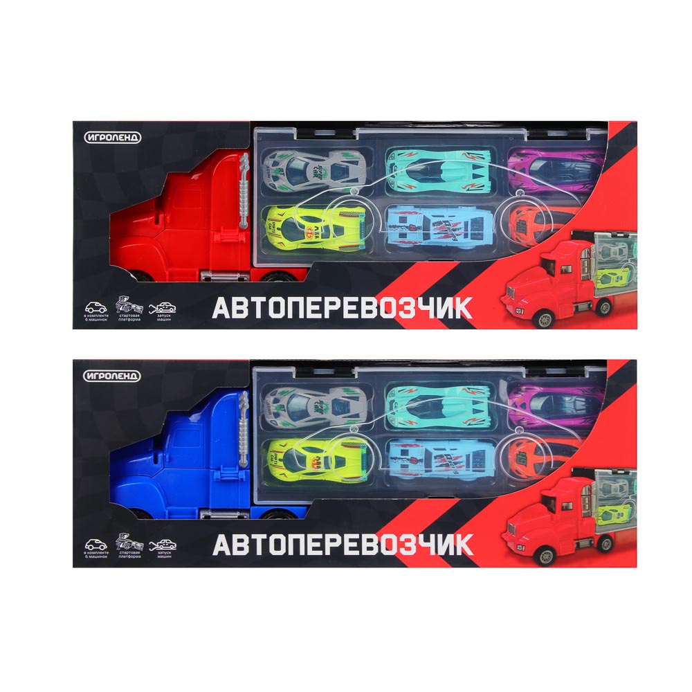 ИГРОЛЕНД Автоперевозчик, с запуском, 6 машинок, PP, 37х14,2х7,3 см, 2 дизайна, арт.№ 292-478