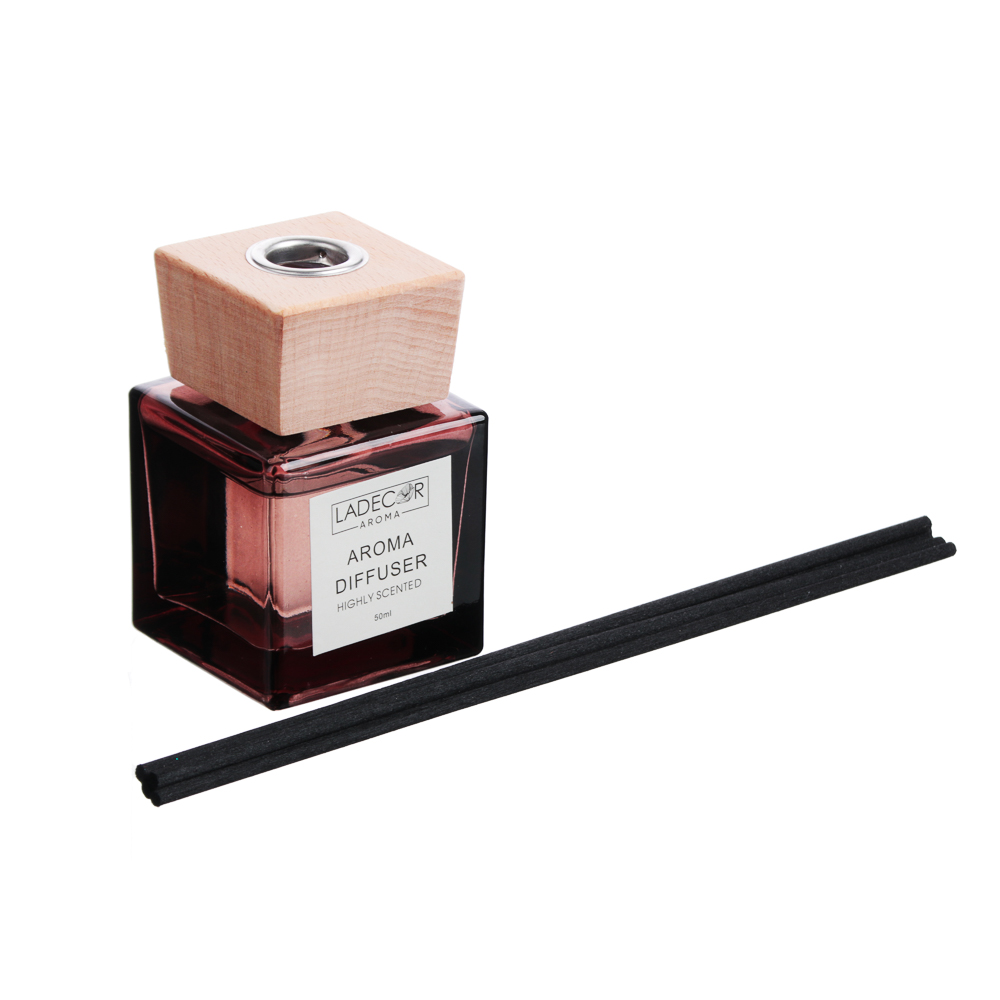 LADECOR Аромадиффузор 50мл с палочками, деревянная крышка, 4 вида, арт.№ 412-079