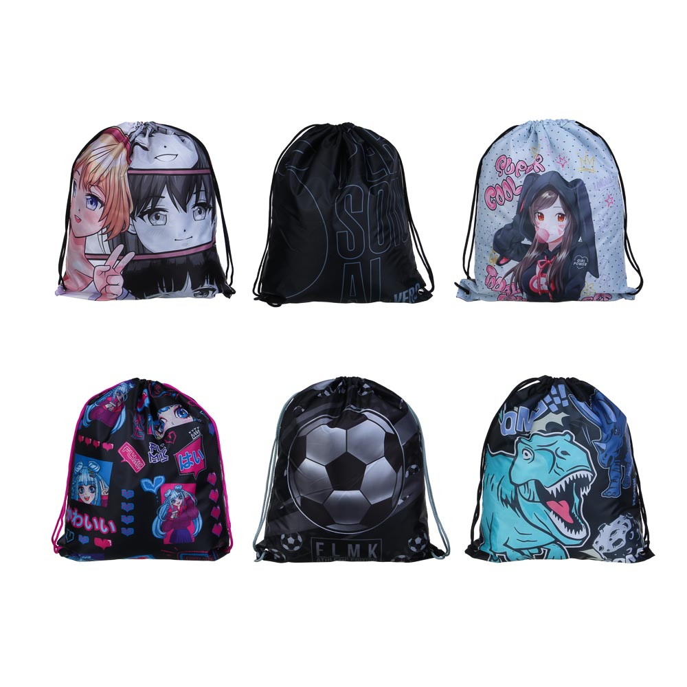 Мешок для сменной обуви на завязках, увеличенный размер 40x47см, полиэстер, "Микс", 6 дизайнов, арт.№ 233-005