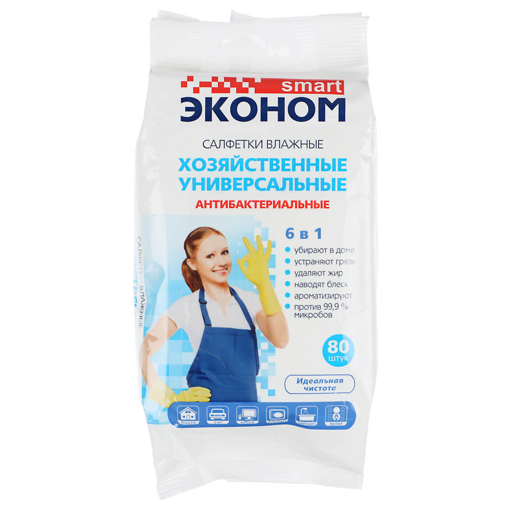 СМАРТ Салфетки влажные 80шт, универсальные антибактериальные для уборки Эконом 6 в 1, арт.№ 914-030