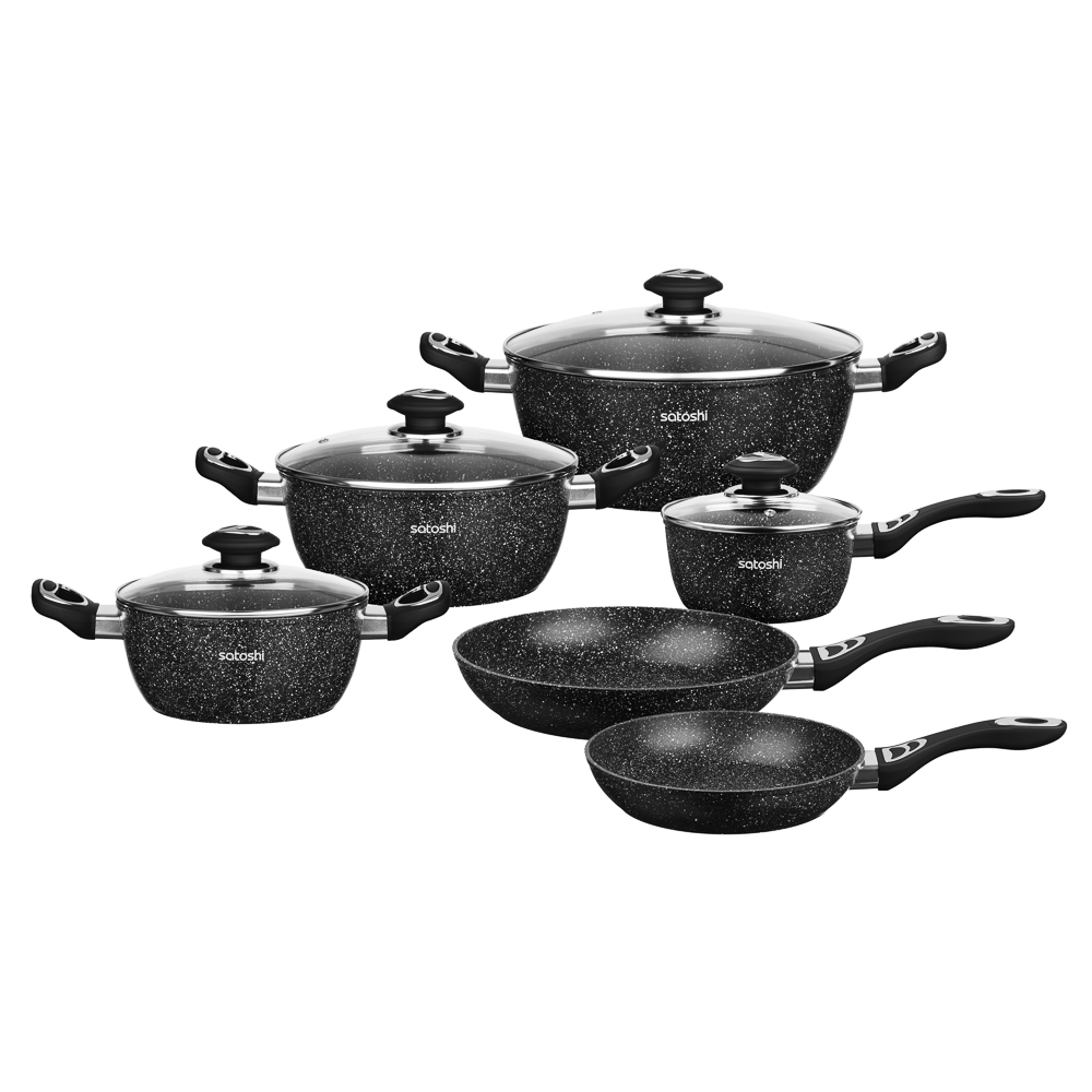 Набор посуды 10 предметов SATOSHI Танто, ковш+крышка 1,3 л, кастр.+крышки 2,3 л, 3,8 л, 5,7 л, сковороды 24 см и 28 см, индукция, арт.№ 846-665