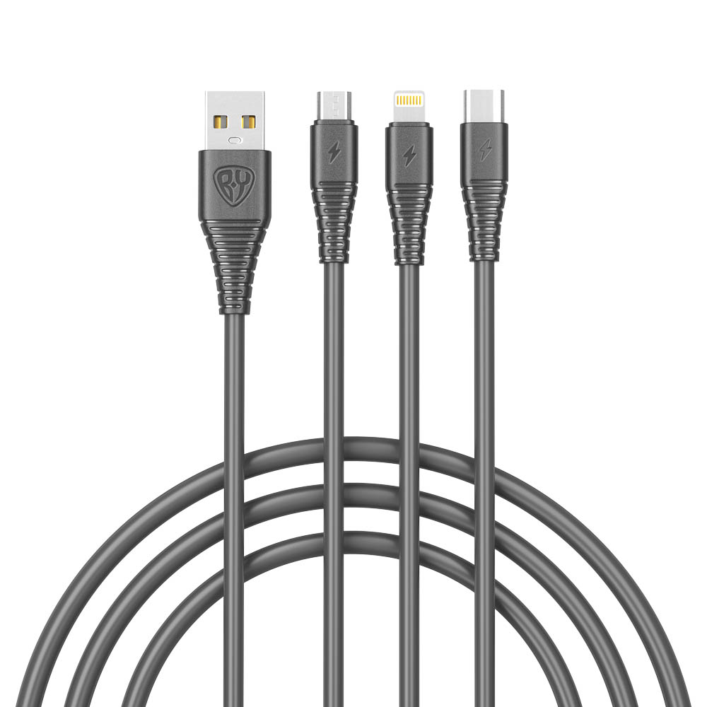 Кабель для зарядки 3в1 USB(A)-Type-C/microUSB/iP BY Base, 18W, 1,2 м, 3A, PVC, чёрный, арт.№ 931-601
