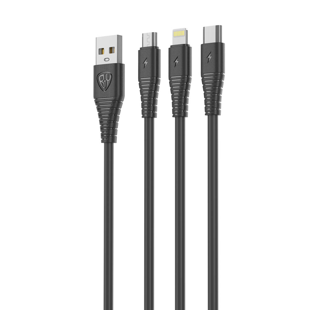 Кабель для зарядки 3в1 USB(A)-Type-C/microUSB/iP BY Base, 18W, 1,2 м, 3A, PVC, чёрный, арт.№ 931-601