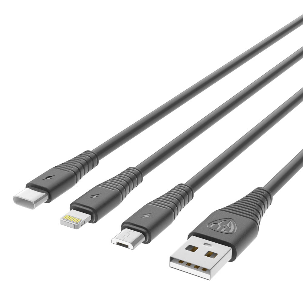 Кабель для зарядки 3в1 USB(A)-Type-C/microUSB/iP BY Base, 18W, 1,2 м, 3A, PVC, чёрный, арт.№ 931-601