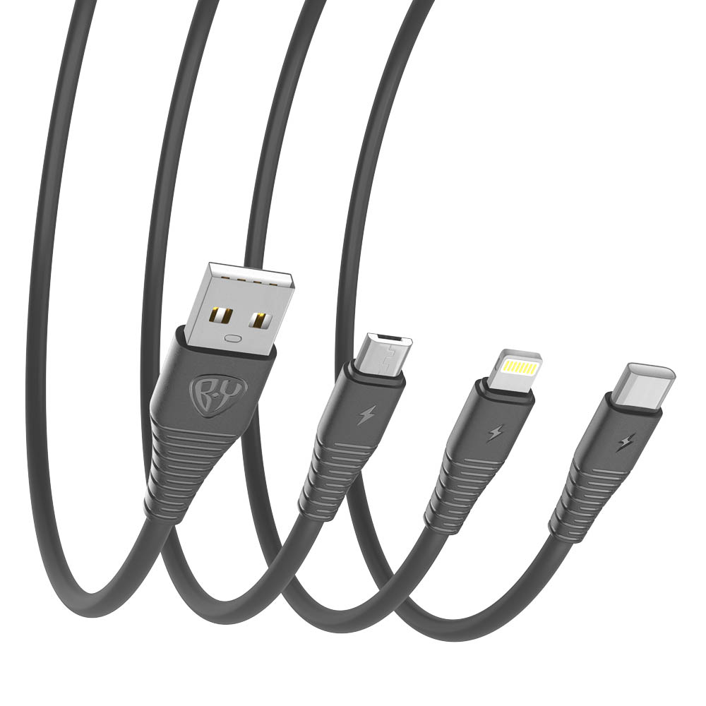 Кабель для зарядки 3в1 USB(A)-Type-C/microUSB/iP BY Base, 18W, 1,2 м, 3A, PVC, чёрный, арт.№ 931-601