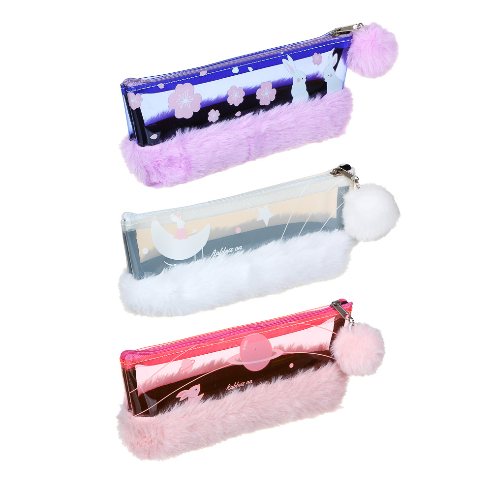 ЗАЙЧИК Пенал мягкий прямоугольный, 21х8х4,5см, искусственный мех, ПВХ с печатью, 3 дизайна, ПВХ бокс, арт.№ 238-262