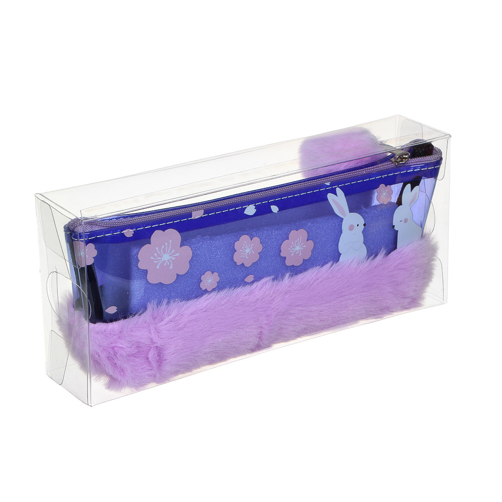 ЗАЙЧИК Пенал мягкий прямоугольный, 21х8х4,5см, искусственный мех, ПВХ с печатью, 3 дизайна, ПВХ бокс, арт.№ 238-262