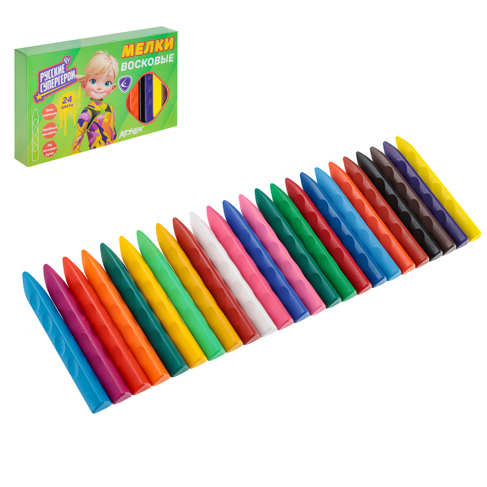 BY Русские Супергерои Мелки восковые пласт., 24 цвета, эрг.3-гранная форма, 10см, "Конек Джуниор", арт.№ 801-011