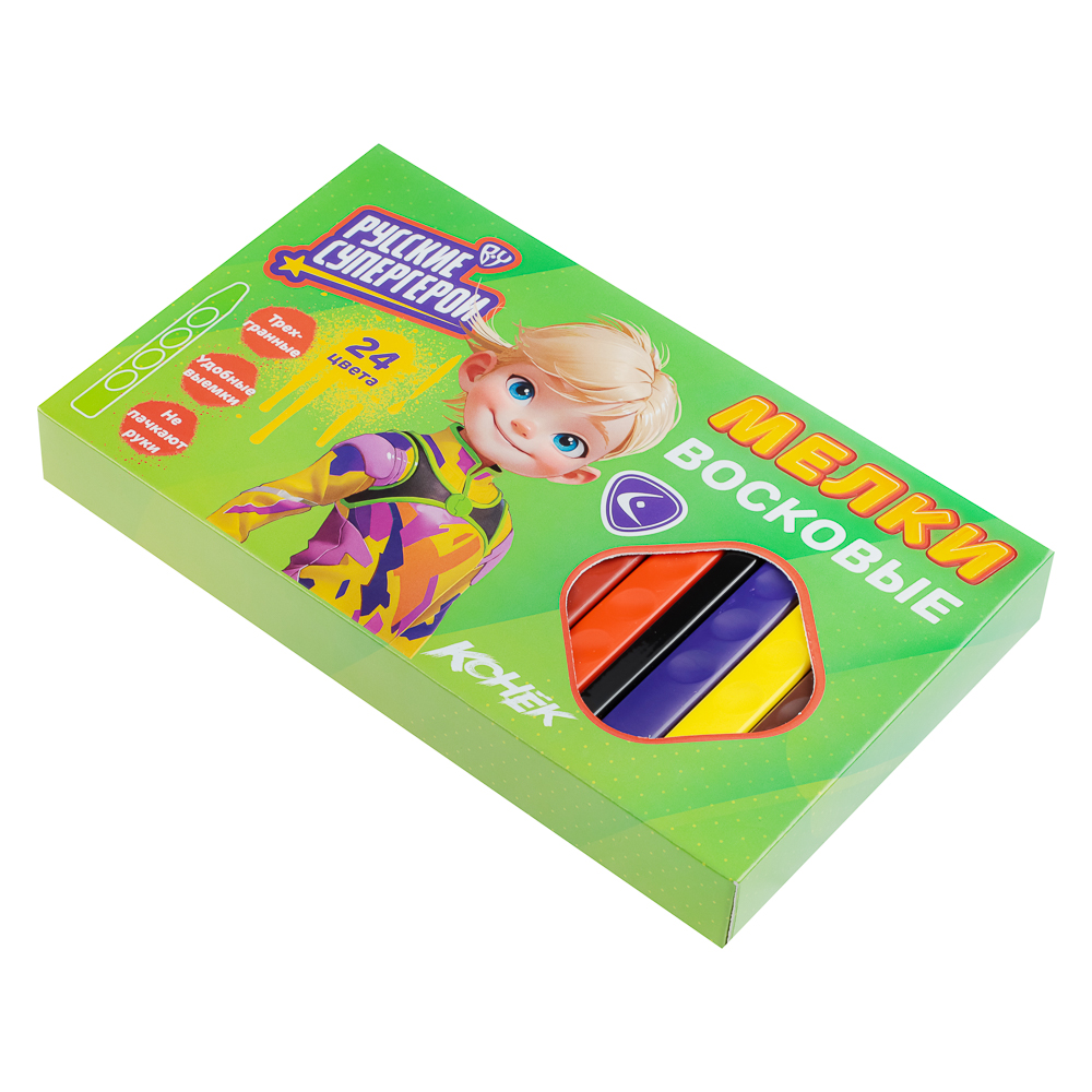 BY Русские Супергерои Мелки восковые пласт., 24 цвета, эрг.3-гранная форма, 10см, "Конек Джуниор", арт.№ 801-011