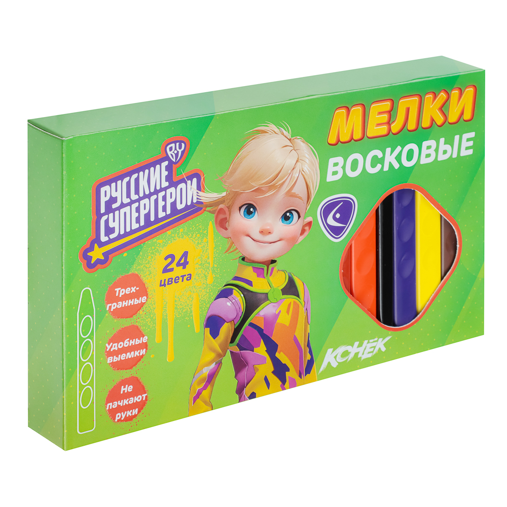 BY Русские Супергерои Мелки восковые пласт., 24 цвета, эрг.3-гранная форма, 10см, "Конек Джуниор", арт.№ 801-011