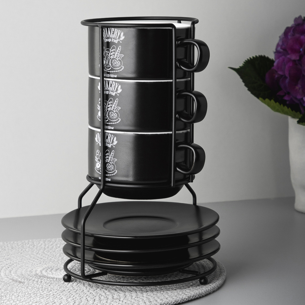 MILLIMI Бейкери Набор чайный 7 пр. на метал. подст, 16х16х24,5см, чаш. 260мл, блюд. 15см, керамика, арт.№ 824-508