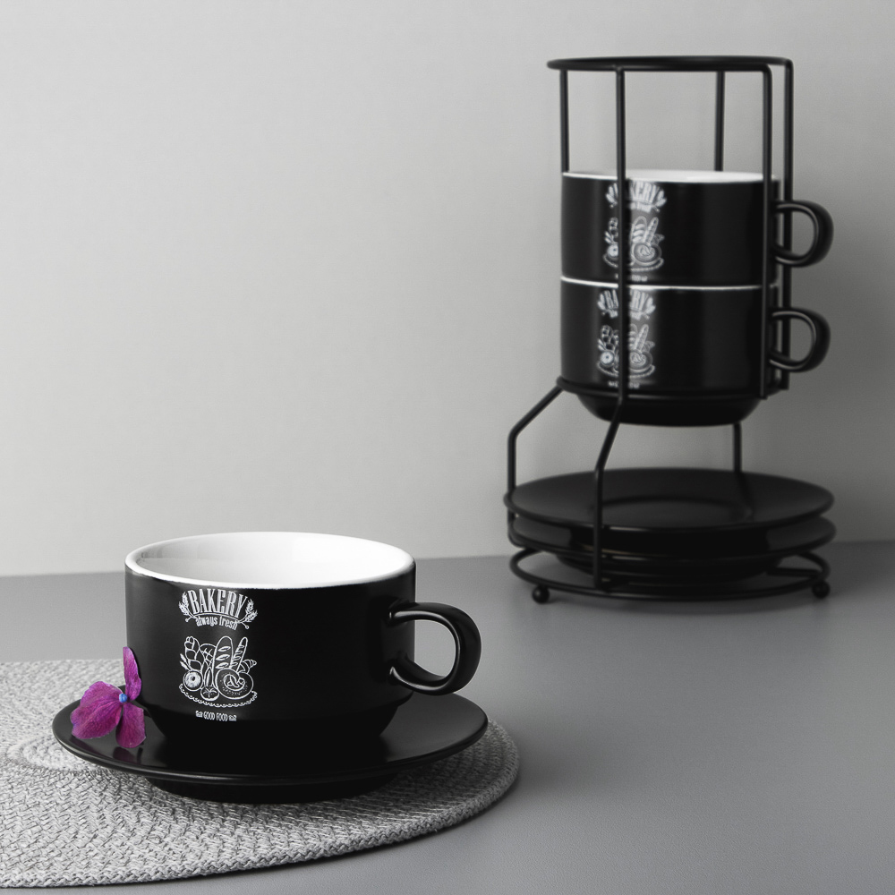 MILLIMI Бейкери Набор чайный 7 пр. на метал. подст, 16х16х24,5см, чаш. 260мл, блюд. 15см, керамика, арт.№ 824-508