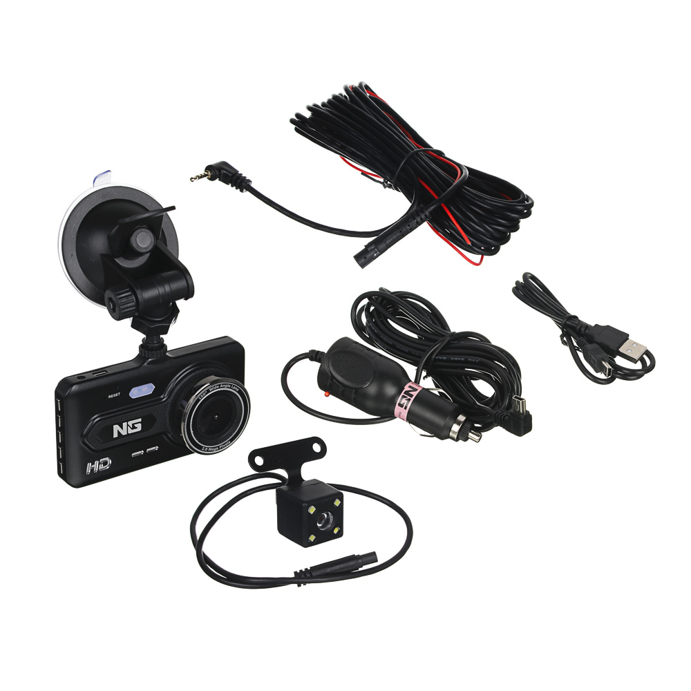 NG Видеорегистратор Full HD с 2 камерами, 150гр, дисплей 4", Micro-SD, 12/24 В 3.4М, пластик, арт.№ 717-009