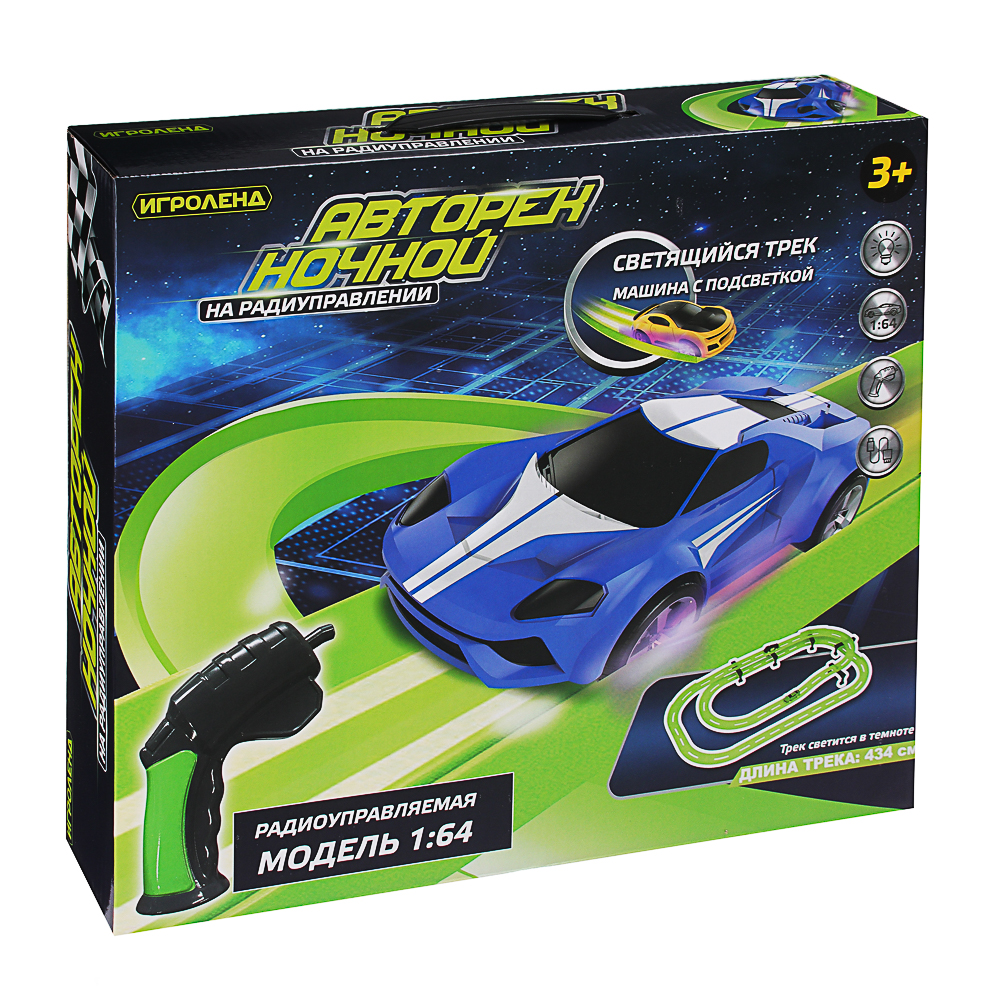 ИГРОЛЕНД Трек двухуровневый "Ночные гонки" с беспроводным ПУ, светящийся, 2АА, PP, PS, 36х32х6см, арт.№ 276-106