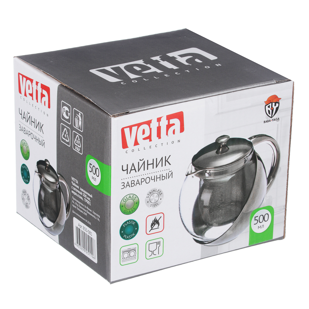VETTA Чайник заварочный 500мл с ситечком, нерж.сталь, стекло, арт.№ 850-081