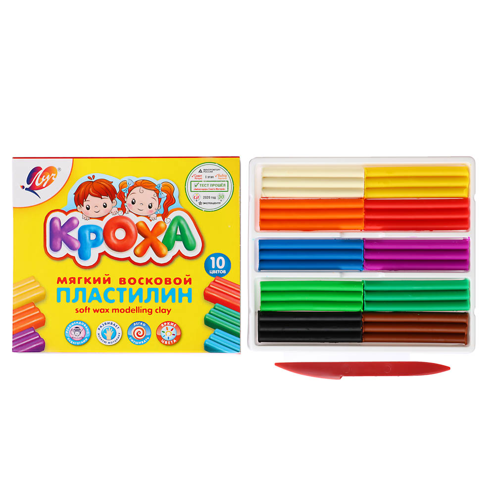 ЛУЧ Пластилин "Кроха", восковой, 10 цветов, 150 грамм, со стеком, в картонной коробке, арт.№ 239-060
