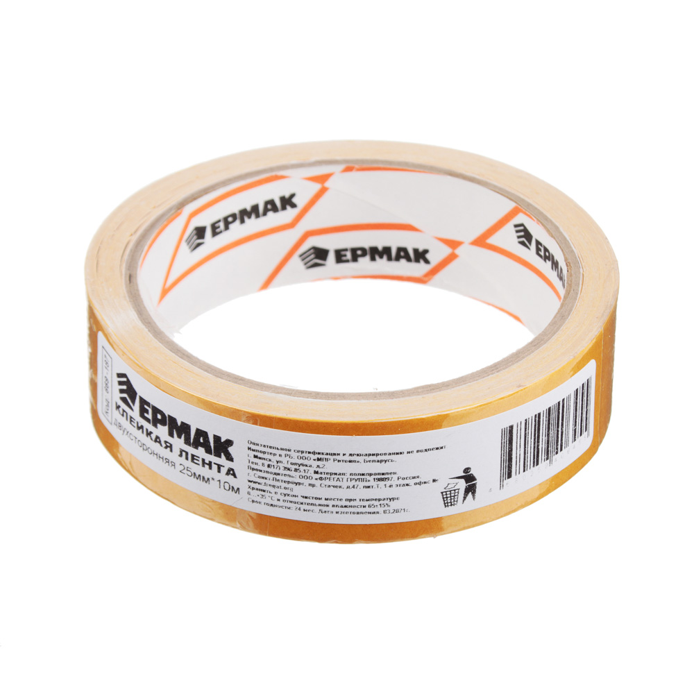 ЕРМАК Клейкая лента двухсторонняя 25мм х 10м, (полипропилен, инд.упаковка), арт.№ 669-187