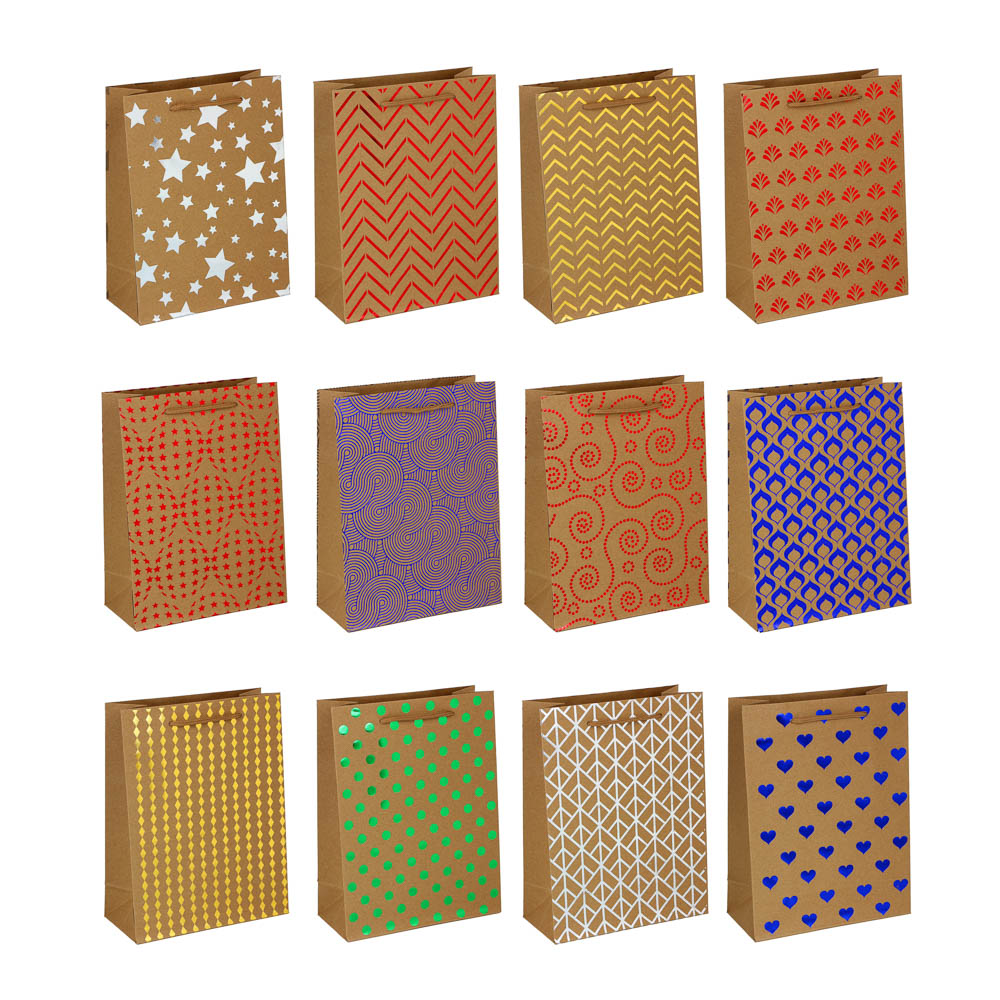 Пакет подарочный бумажный, крафт, М 18х24х8,5 см, с блестящим слоем, 12 дизайнов, арт.№ 505-082