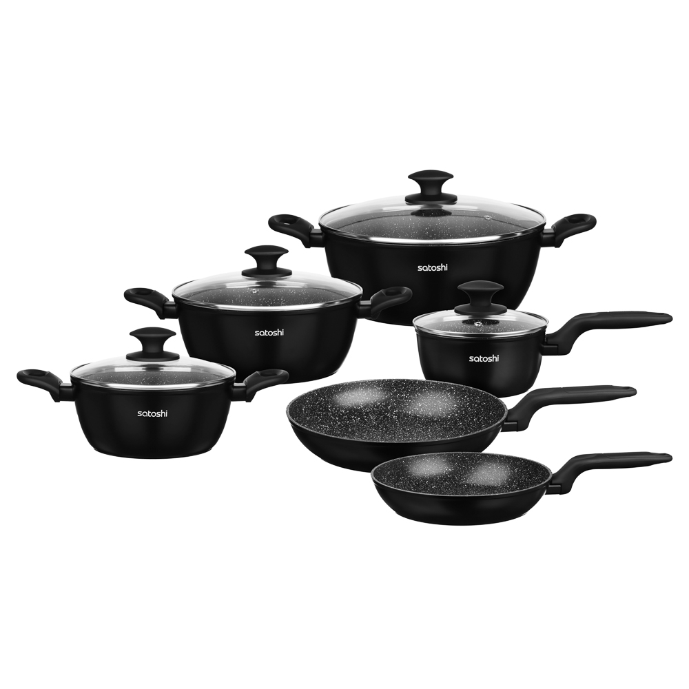 SATOSHI Стоун Наб.пос.10пр, ковш+крышка 1,3л, кастр.+крышки 2,3;3,8;5,7л, сковороды 24,28см, индукц., арт.№ 846-666
