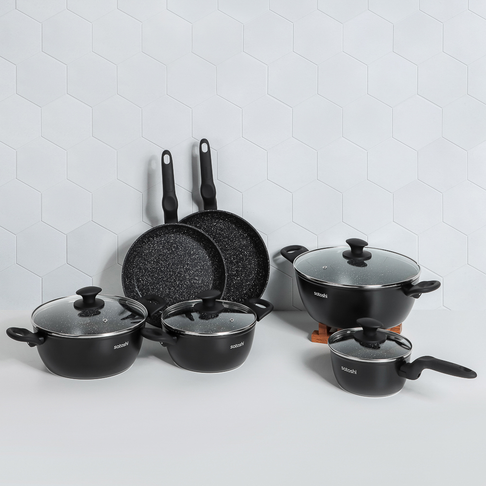 SATOSHI Стоун Наб.пос.10пр, ковш+крышка 1,3л, кастр.+крышки 2,3;3,8;5,7л, сковороды 24,28см, индукц., арт.№ 846-666