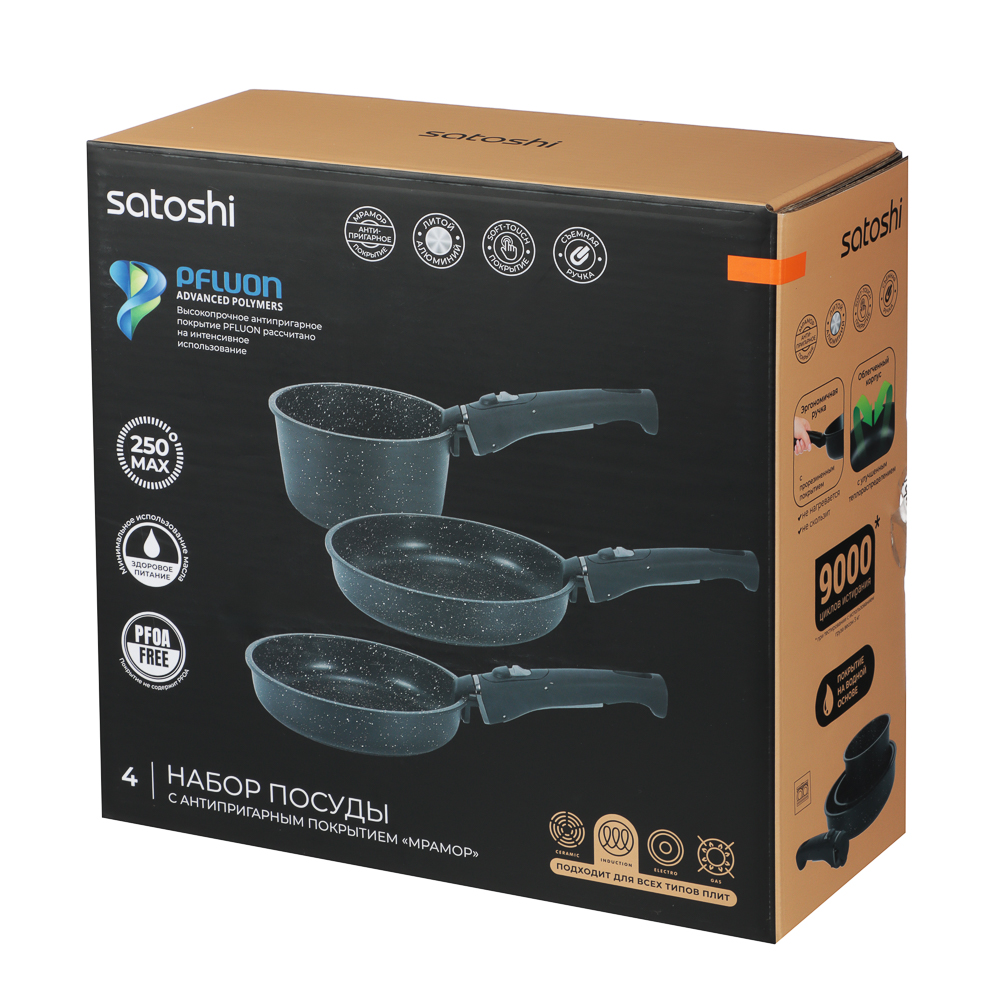 SATOSHI Нера Наб.пос. 4пр съемная ручка, ковш 1,3л, сковороды 20,24см, антиприг.мрамор, индукция, арт.№ 846-667