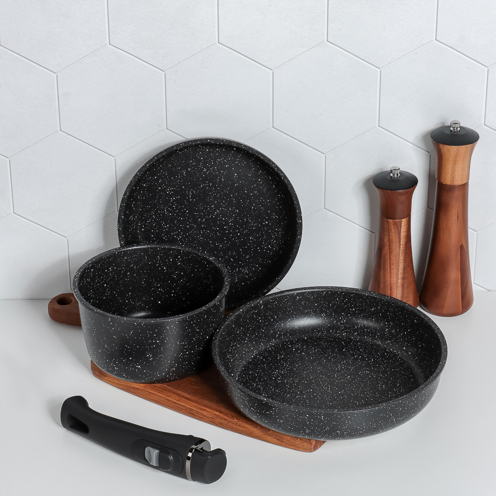 SATOSHI Нера Наб.пос. 4пр съемная ручка, ковш 1,3л, сковороды 20,24см, антиприг.мрамор, индукция, арт.№ 846-667