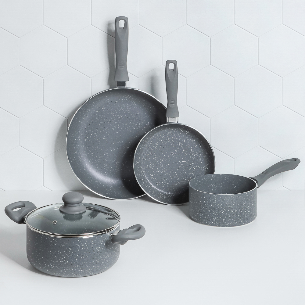 Набор посуды 5 предмметов SATOSHI, антипригарное покрытие мрамор, кастрюля+крышка 2,8 л, ковш 1,6 л, сковорода 20 см и 28 см, индукция, арт.№ 846-462