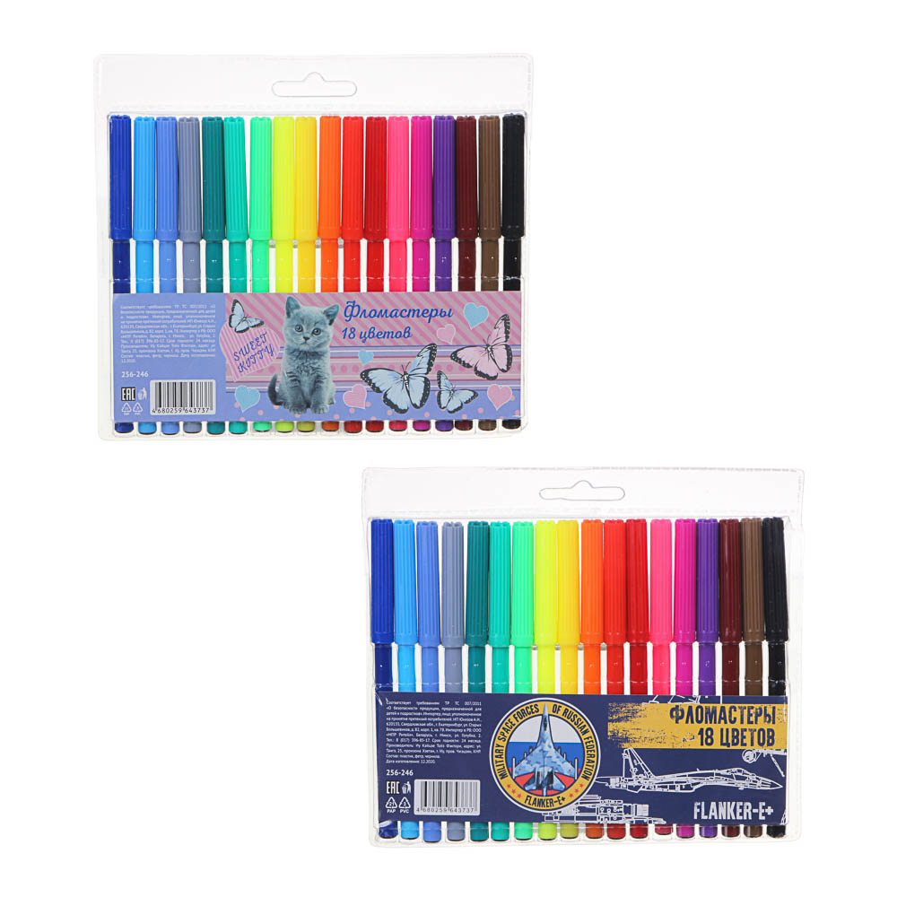 Свит Китти / Фланкер Фломастеры 18 цветов с цветным вентилируемым колпачком, в ПВХ пенале с подвесом, арт.№ 256-246