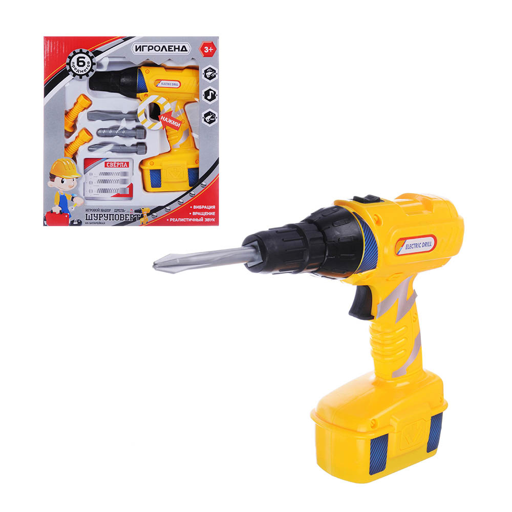 ИГРОЛЕНД Набор игровой "Шуруповерт на батарейках", 6 предметов, 2х1,5АА, ABS, 25,5х27х6,5см, арт.№ 276-091