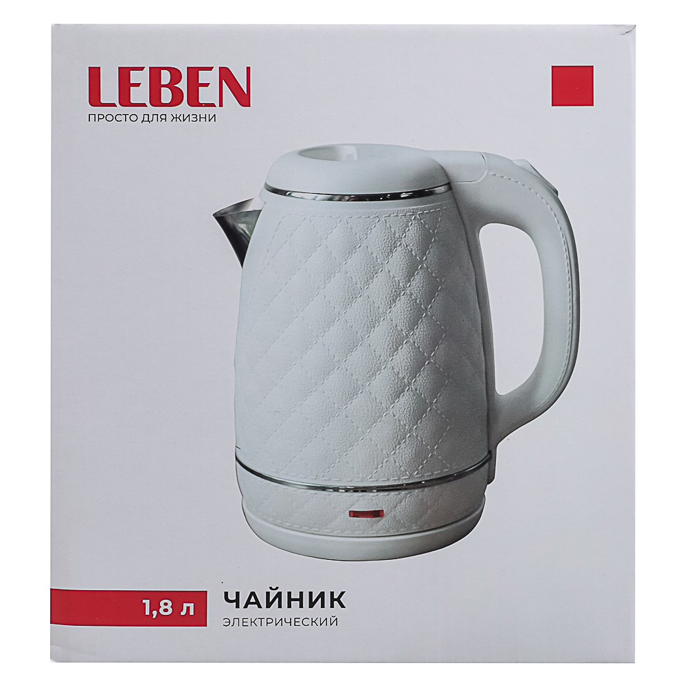 LEBEN Чайник электрический, 1,8 л, 1500 Вт, нержавеющая сталь, пластик, белый, арт.№ 291-121