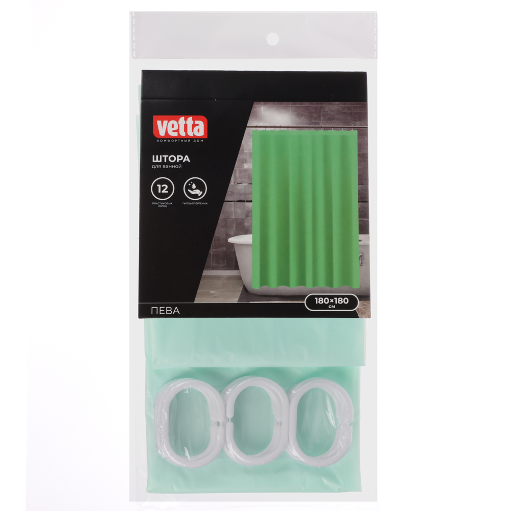 VETTA Шторка для ванной, ПЕВА, 12 г/м2, 180x180см, "Яркий однотон", 3 цвета, арт.№ 461-392