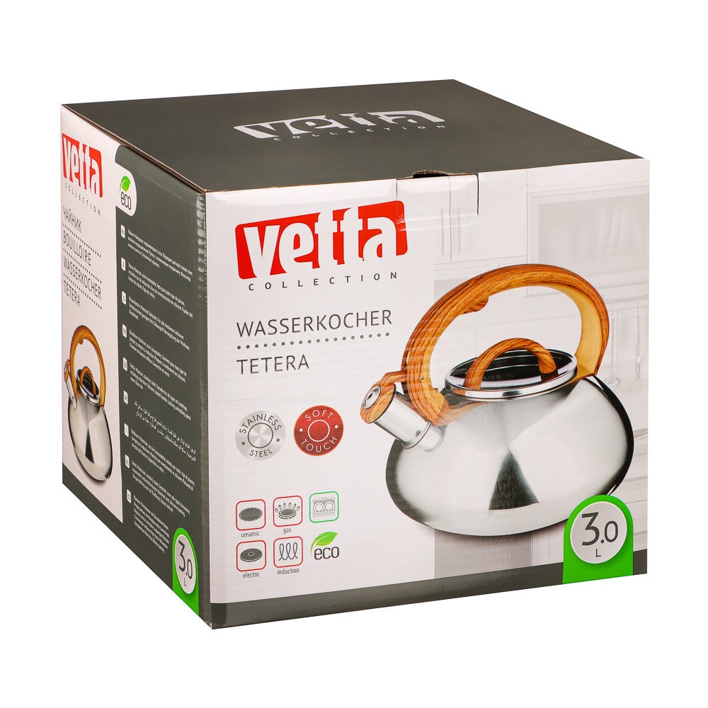 VETTA Чайник стальной 3.0л "Ива" зеркальный, стеклянная крышка, индукция, арт.№ 847-059