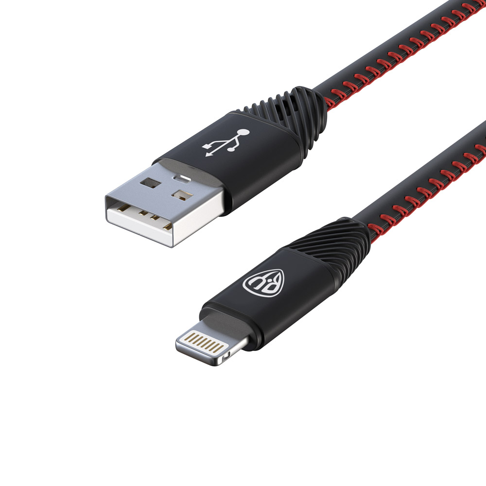 Кабель для зарядки USB(A)-iP BY Премиум, 1м, 2А, кожаная оплётка, черный, арт.№ 443-009