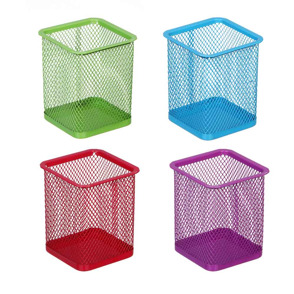 Подставка-стакан для канцелярских принадлежностей, сетчатая, квадратная, металл, 9,7х8см, 4 цвета, арт.№ 595-012