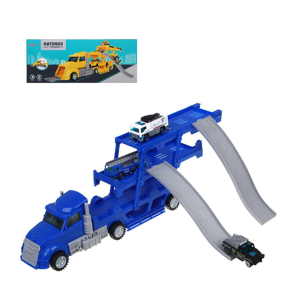 ИГРОЛЕНД Автовоз с треком, 3 машинки, металл, PP, 33,5х13х8,5 см, 3 дизайна, арт.№ 276-175