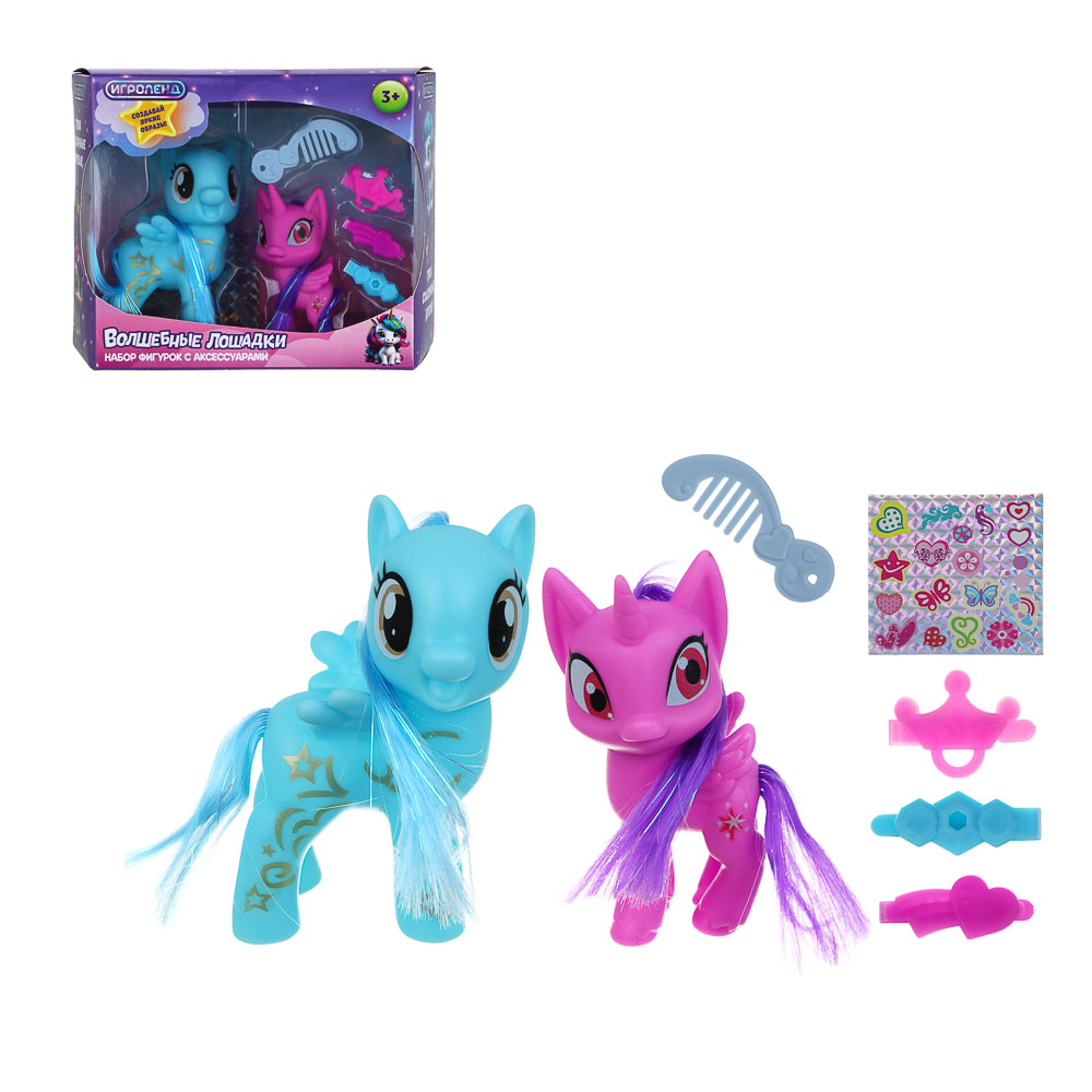 ИГРОЛЕНД Набор фигурок "Волшебные лошадки" с аксессуарами, PVC, PP, 19х15х6 см, 2 дизайна, арт.№ 258-094