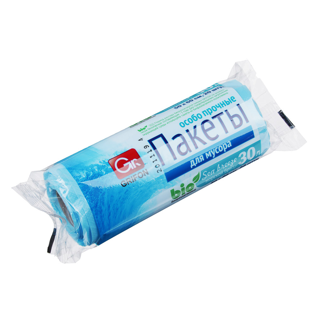 GRIFON Мешки для мусора БИО 20шт, 30л, 50х60см, особо прочные, 12 микрон, "Морской бриз", 100-035, арт.№ 449-008